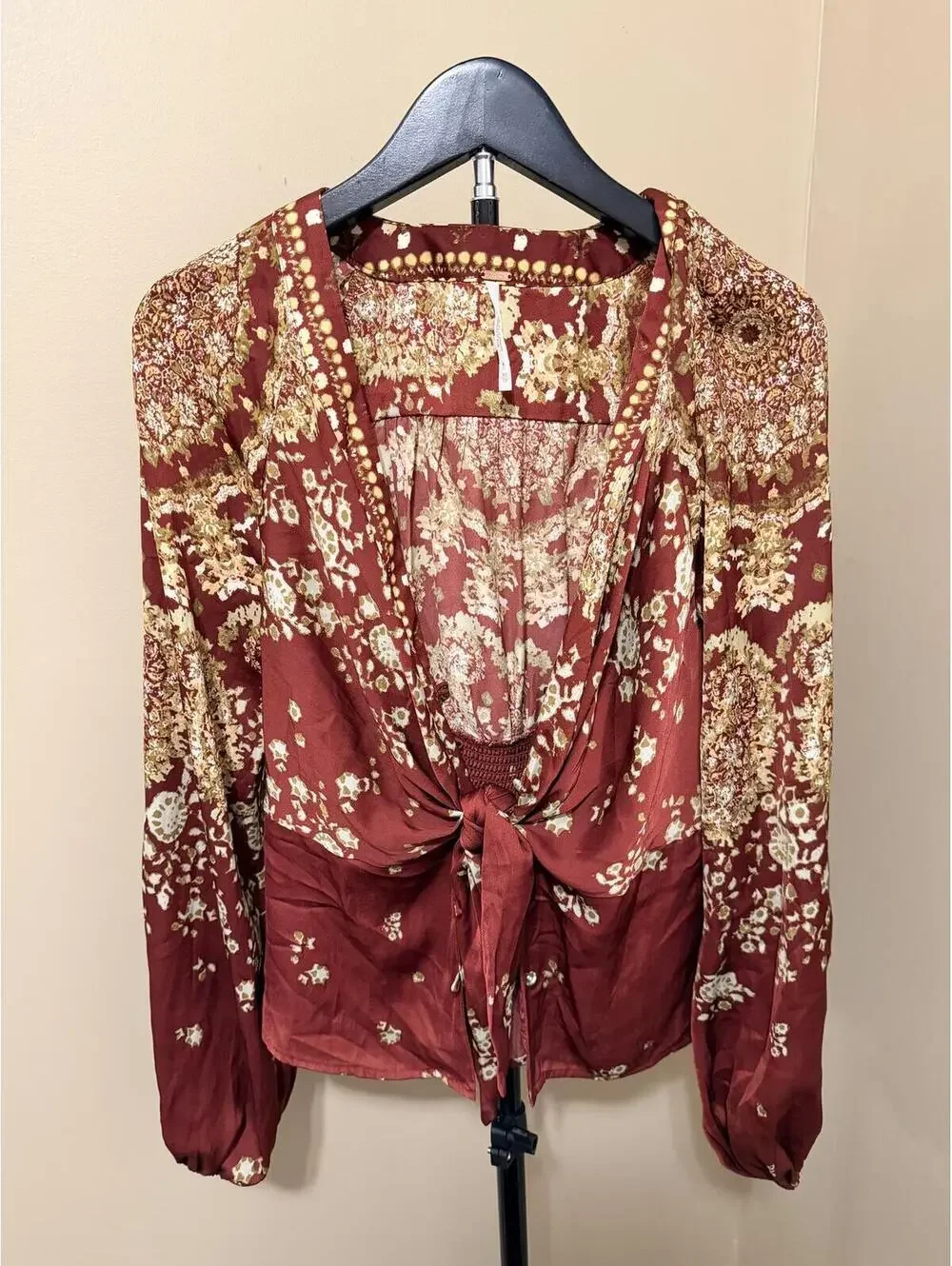 Free People Boho Tie Front Blouse Women’s XS Burgundy Floral Long Sleeve Top
